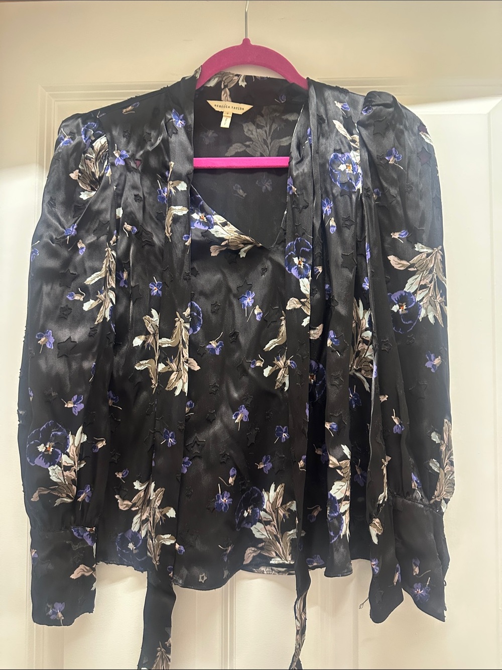 Rebecca Taylor Floral Tie-Front Blouse - Black with Purple Floral - sz 2